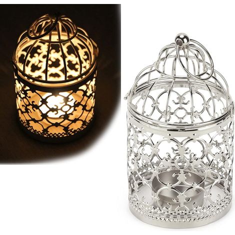 Bougeoir lanterne vintage en forme de cage à oiseaux, décoration de chandelier lanterne pour événements à domicile et mariages, design en fer creux, 8 x 8 x 14 cm, argent (1/5)