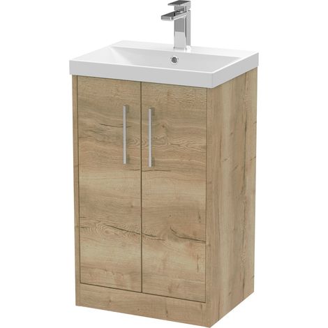 Hudson Reed Juno Autumn Oak Woodgrain 500mm Floor Standing 2 Door Vanity Unit and Thin Edge Ceramic Basin - JNU1801D (1/5)
