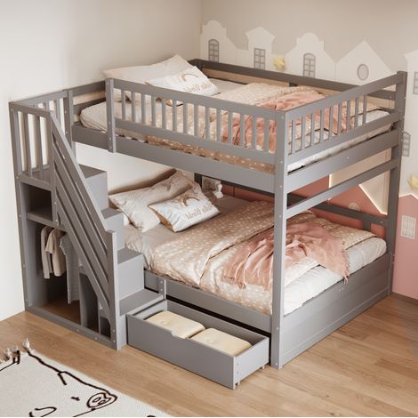 Letto a castello 140x200 cm grigio in legno massello con scala contenitore e cassetti (1/5)