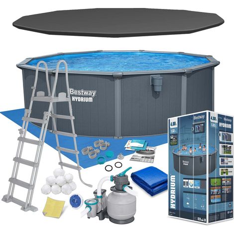 Piscina Desmontable Redonda de Acero Bestway Hydrium Ø488 x 132 cm con Depuradora de Arena 6.056 l/h, Lona de Fondo, Cobertor y Escalera (1/5)