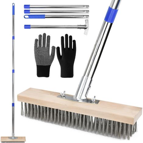 1 - Balai Métallique - Brosse Jardin - Poils Acier Inoxydable - Nettoyage Mousse Et Mauvaises Herbes - Extérieur Terrasse Cour - Argent - 30x170cm