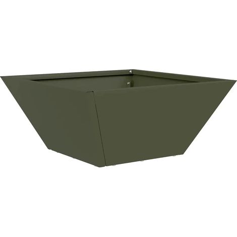 Cache-pot de jardin moderne trapézoïdal 35 x 35 x 15 cm pour entretien minimal en acier vert olive (1/4)