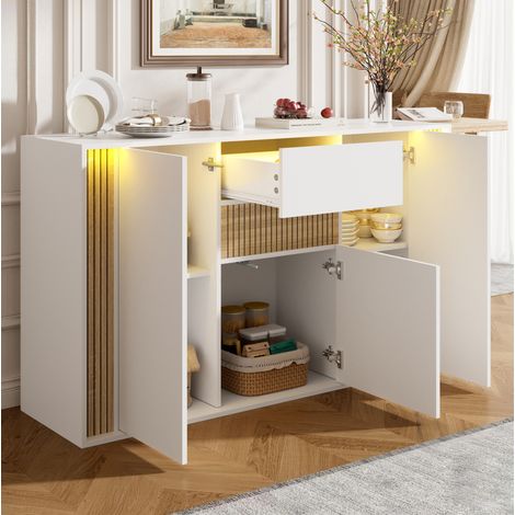 Aparador 140x40x82 cm de aglomerado blanco y madera natural con LED para salón - MEUBLIV (1/5)