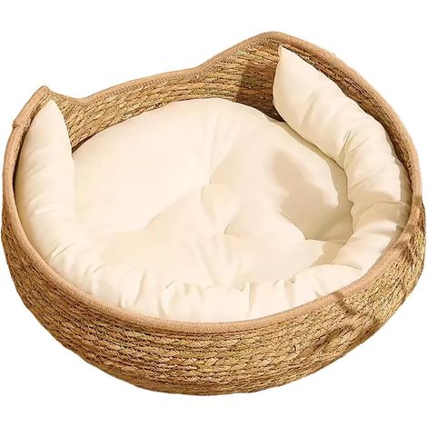 Panier Rond pour Chat en Rotin - 1 Unité - Osier Tressé Naturel - Avec Coussin Coton Amovible - Salon et Chambre - 35 cm (1/5)