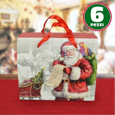 TrAdE Shop Traesio - 6 Scatole Da Regalo Stampa Babbo Natale Classico Manici Rossi 23 X 12,5 X 27,5cm - (1/2)