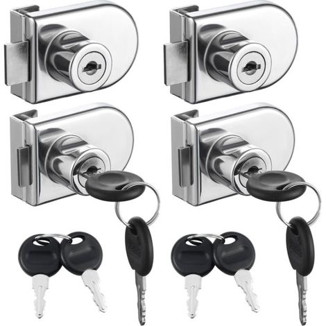 Serrure Pour Vitrine - Double Ouverture - Sans Perçage - Épaisseur Verre 0,5 À 0,8 Cm - Alliage De Zinc - Lot De 4 Avec 8 Clés