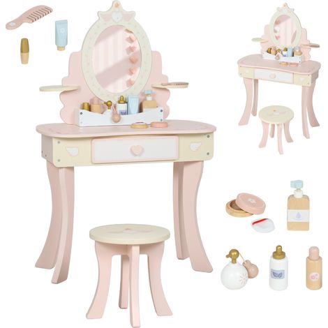 AIYAPLAY Kids Dressing Table, Girls Vanity Set w/ Stool, 7 Play Accessories