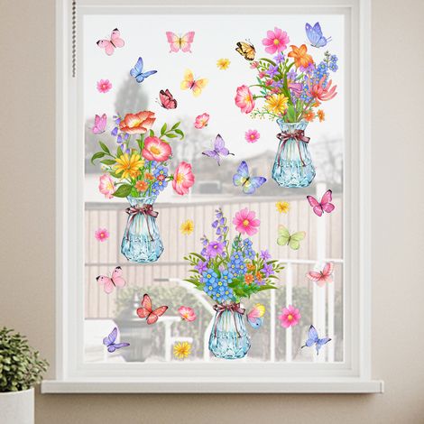 10 Autocollants fenêtre, motifs plantes fleuries, protection oiseaux, film transparent sans colle, décoration intérieur (1/5)