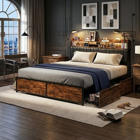 Lit Double 140x200 cm Cadre de Lit Industriel avec LED Prises USB et 4 Tiroirs de Rangement Adulte Métal Bois Marron Rustique (1/5)