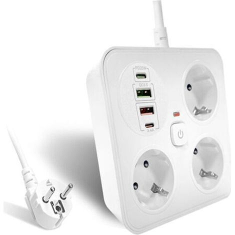 Multiprise 3 prises avec 2 ports USB-A et 2 ports USB-C, adaptateur secteur avec câble d'extension 2 m 250V 16A, multiprise blanche pour bureau et maison (1/5)