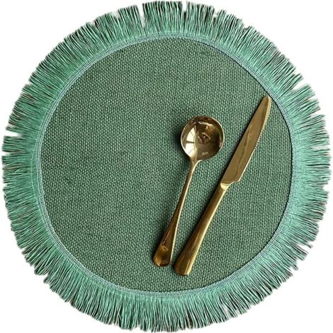 Lot de 6 sets de table ronds en jute à franges simples, pour la décoration de table et l'isolation thermique (vert). (1/5)