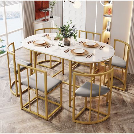 7-teiliges Esstisch- und Stuhlset 140 x 80 x 76 cm Weiß und Gold HAVRYA (1/5)
