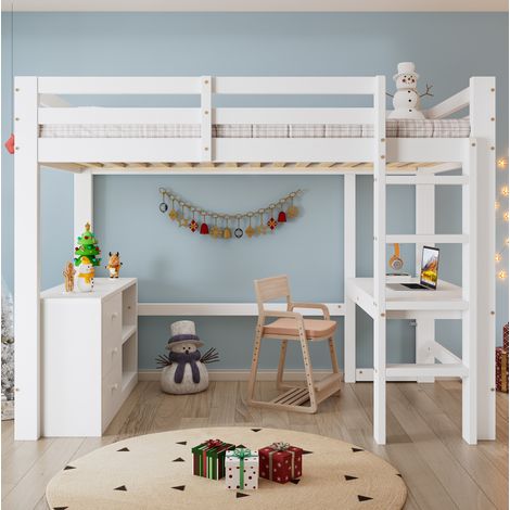 Kinderhochbett 90 x 200 cm mit Schreibtisch, Schubladenschrank und Regal, Weiß, HAVRYA (1/5)