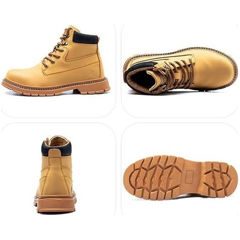 Calzado de seguridad para hombre y mujer, botas de trabajo de cuero impermeables, ligeras, con puntera de acero, botas de seguridad indestructibles, color amarillo/negro, talla 45. (1/4)