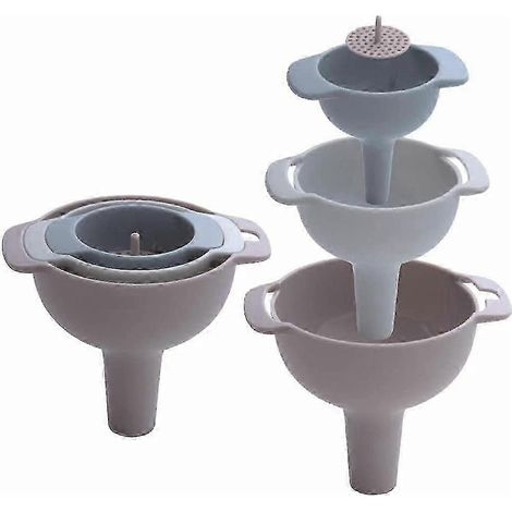 Ensemble de 4 entonnoirs de cuisine emboîtables avec poignée, en plastique de qualité alimentaire, avec filtre à passoire amovible, compatibles avec le transfert de liquides. (1/5)