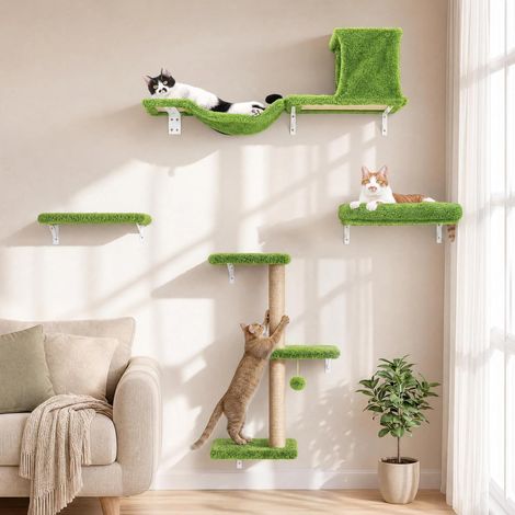 Étagères Murales pour Chat, 4 en 1 Ensemble de Meubles Muraux, Mur d'escalade en Bois avec Griffoir, Pont et Lit pour Chat, Vert (1/5)