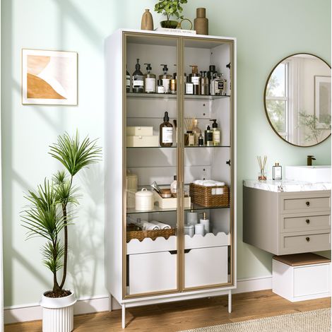Armario alto vitrino con estantes regulables y cajón, MDF blanco y dorado DESVIAE (1/5)