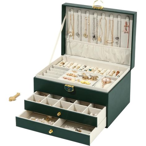Boite a Bijoux Femme, Boite a Bijoux Amovible à 3 Couches, Pour Rangement Bijoux, Bagues, Boucles D'oreilles, Bracelets et Colliers, Boîte à Bijoux en Cuir Imperméable (Vert) (1/5)