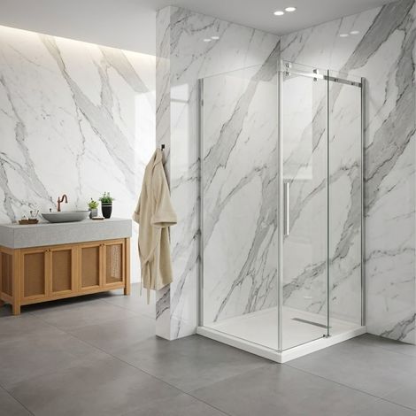 Nicchia scorrevole Elegance apertura 1 lato in vetro temperato trasparente 8mm con lato fisso profili acciaio inox - PORTA 130 - FISSO 140