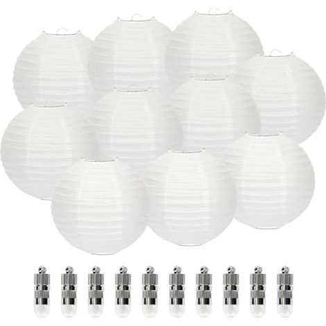 Lot de 10 lampions avec mèches - 30 cm - Rond - En papier - Blanc - Style bambou classique - Pour décoration de mariage, anniversaire, jardin (blanc, 30 cm) (1/5)