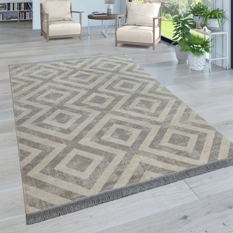Paco Home Tappeto Per Esterno Terrazzo Balcone Tappeto Cucina Moderno Rombi Design Con Frange 120x170 cm, Grigio-Bianco