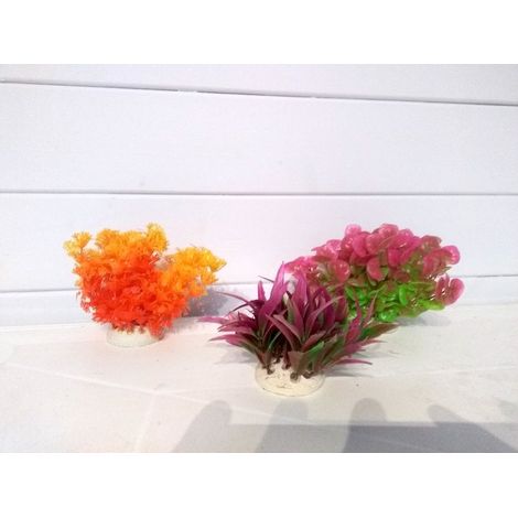 Lot 3 Plantes Plastiques 10 cm Déco Aquariums: Orange, rose et mauve (1/3)