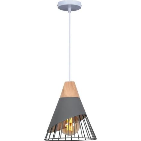 U-DO Lustre en Fer/Bois,Ajustable Suspension Luminaire Vintage E27 Gris Lustre Plafonnier éclairage de Salon Cuisine (1/4)