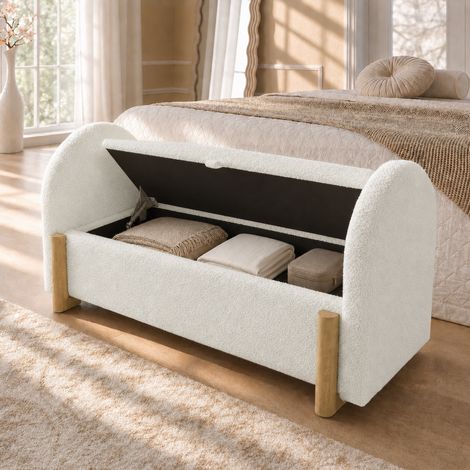 Banc coffre rembourré blanc en bouclé 106 cm avec rangement hydraulique et soft-close (1/5)