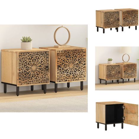 Tables de chevet 2 pcs 40x33x46 cm Bois de manguier solide - Table De Nuit - Commode - Meuble De Rangement - Bois Massif - Design Rétro (1/5)