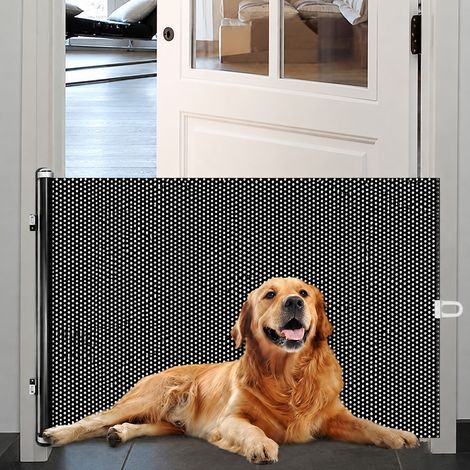 Barrière rétractable haute pour animaux avec crochets doubles — Barrière sans perçage peu encombrante, largeur jusqu'à 125cm, ABS+PVC (1/4)