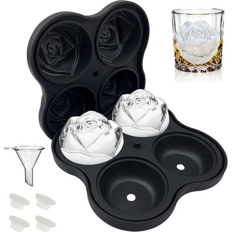 Eiswürfelform Rose, 6,35 cm, Silikon-Eiswürfelform mit 4 Fächern für Whisky, Cocktails, Bourbon und Saft (Schwarz) (1/5)