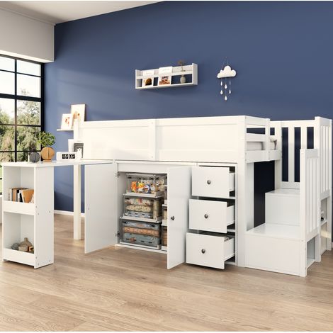 Hochbett MDF Weiß 90x200 cm mit ausziehbarem Schreibtisch, Schrank, Schubladen und Treppe (1/5)
