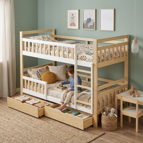Lit enfant superposé 90x200 cm - séparable en 2 lits - 2 tiroirs - échelle sécurisée - bois - Blanc et Bois naturel (1/5)