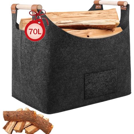 Panier à Bûches en Feutre - 70L - Gris Foncé - Pliable avec Poignées Bois - Rangement Cheminée et Jouets - 55x32x40 cm (1/5)