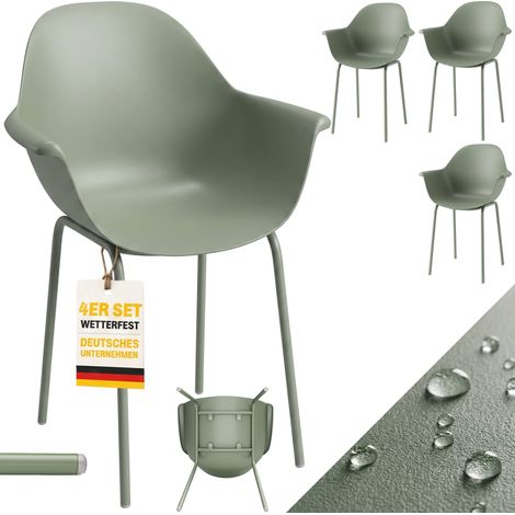 Ensemble de 4 chaises de jardin avec dossier et accoudoirs, résistantes aux intempéries, supportant jusqu'à 120 kg, en plastique et métal, vertes. (1/5)