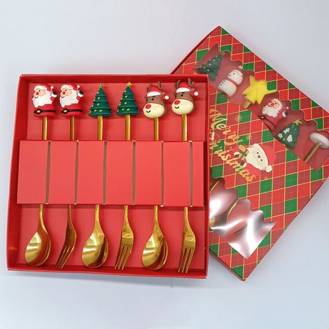 Coffret cadeau cuillère et fourchette en acier inoxydable avec motifs de Noël (ensemble de 6 pièces dans une boîte rouge de Noël) (1/4)