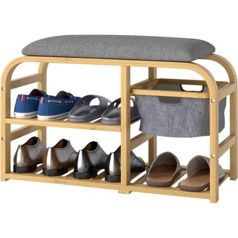 Meuble à chaussures 2 niveaux avec panier extensible - 2 étagères - Banc vestiaire finition lin - 5 paires - 70 x 30 x 45 (cm) (1/5)