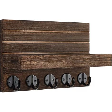 Porte-clés mural, porte-clés décoratif, porte-manteau mural avec étagère avec 5 crochets à clés pour salon, salle de bain, cuisine, entrée, couloir (marron)