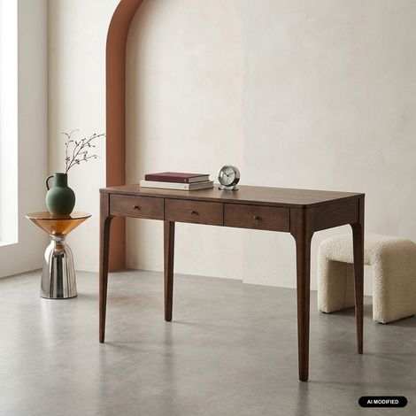 sweeek - Bureau bois d'hévéa placage frêne 3 tiroirs noyer - Sidonie (1/4)
