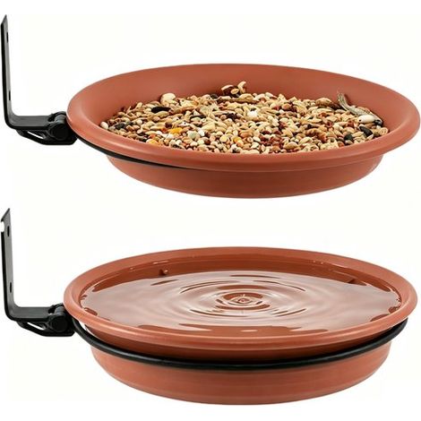 Baño colgante para pájaros, Comedero, Lugar para beber y bañarse para pájaros, Dos piezas, Plástico, 17x17x4 cm, 20x20x4 cm, Marrón (1/5)