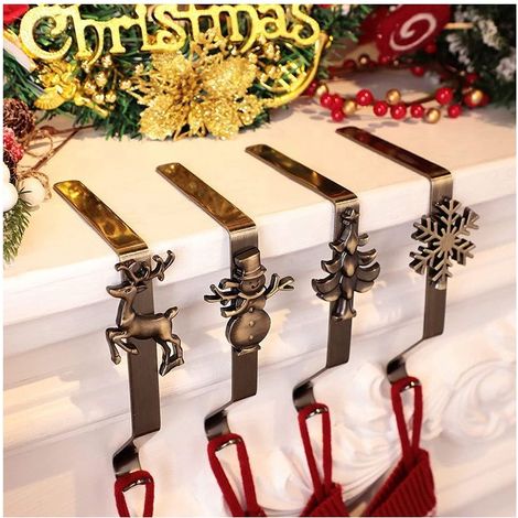Weihnachtsstrumpfhaken, Weihnachtsstrumpfhaken aus Metall, 4 Weihnachtsstrumpfclips, Kaminhaken für Weihnachten, Aufhängeclips für Weihnachtsdekorationen (1/5)
