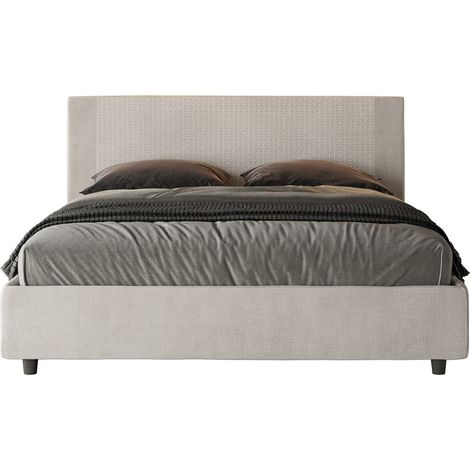 Letto Matrimoniale 160x190 cm con Rete e Contenitore con Testata e Alzata Comoda Imbottito in Tessuto Labirinto Rosal Bianco (1/5)