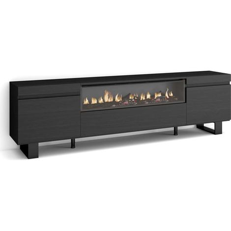 Mueble TV Manilva-01 de 200x57x35 cm con chimenea eléctrica, diseño industrial, color negro (1/4)