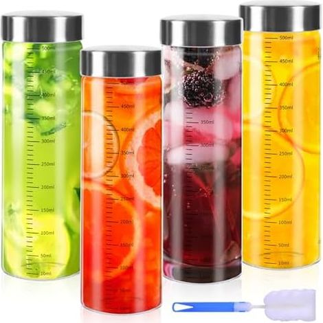 4 Pièces Bouteilles en Verre 500 ML, Avec Brosse à Tasse, Bouteilles pour Jus, Bouteille en Verre Réutilisable, Graduées, Hermétiques, pour Jus, Boissons Chaudes (1/5)