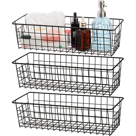 Lot de 3 paniers de rangement en fil métallique, 41 x 16 x 11 cm avec poignées, organiseur polyvalent pour cuisine, garde-manger, placard, buanderie, armoires, salle de bain, noir (1/5)