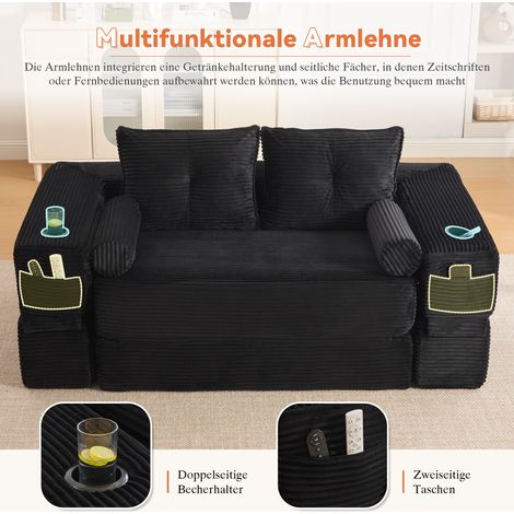 Canapé-lit pliable 2 places, mousse haute densité ressorts, stable et confortable. Avec poches, porte-gobelets, coussin mémoire + 2 coussins déco. Sous vide, montage rapide, salon et appartement. (1/5)