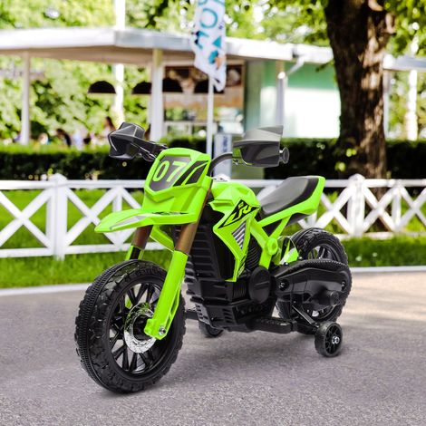 Moto da cross elettrica per bambini dai 3 agli 8 anni, batteria da 6V, 2 motori, clacson e rotelle stabilizzatrici, portata massima 30 kg, colore verde.