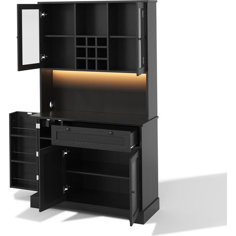 Aparador alto de cocina negro de MDF y vidrio con LED, enchufe y estantes ajustables (1/5)