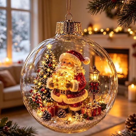 Boule de Noël Lumineuse LED, Décoration Suspendue avec Scène de Noël, Ornement Éclairé pour Sapin et Cheminée, Père Noël (1/5)