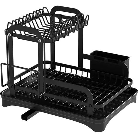 Escurridor de platos, diseño expandible de 2 niveles, sistema de drenaje automático, negro (p) (1/2)